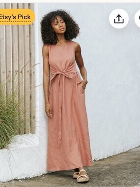 Sleeveless Tie-Front 100% line Maxi Dress in Rosewood